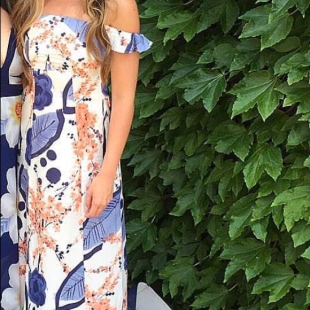 Off the shoulder floral maxi with thigh high slit